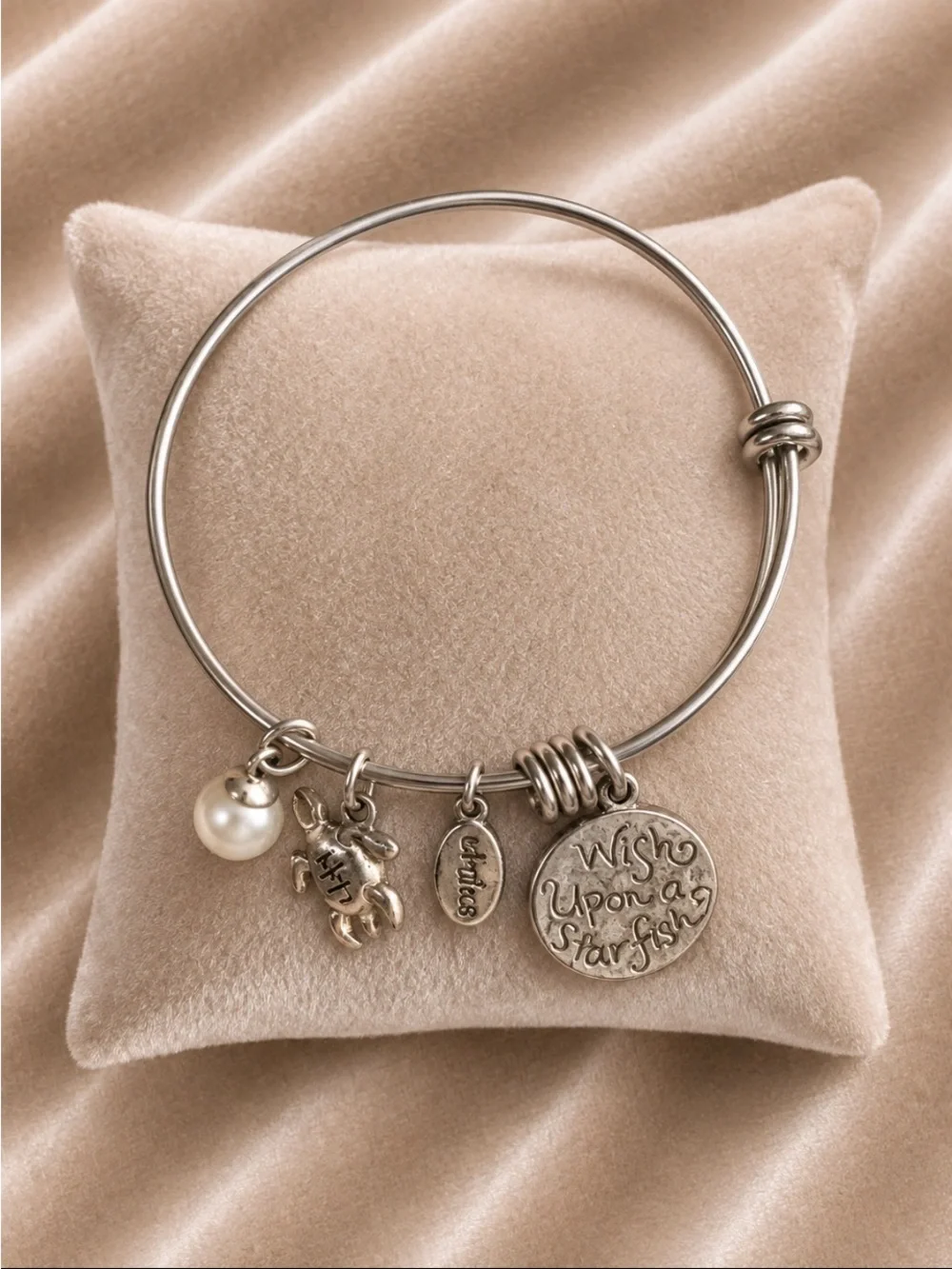 Unwritten Silver Turtle & Beach Charm Bangle with Pearl Accent